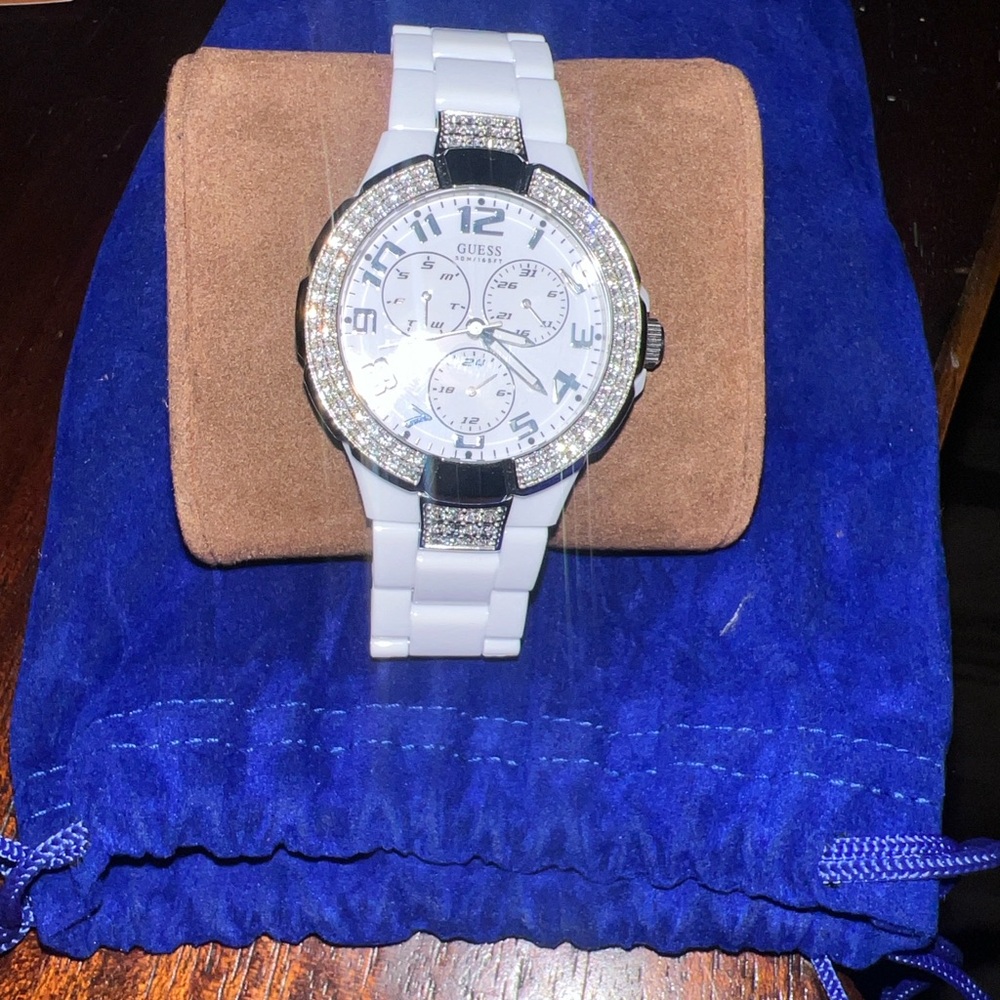 Guess White and Silver Crystal-Embellished Watch